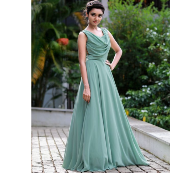 Shadow Green - Cowl Neck - Georgette Sleeveless Gown