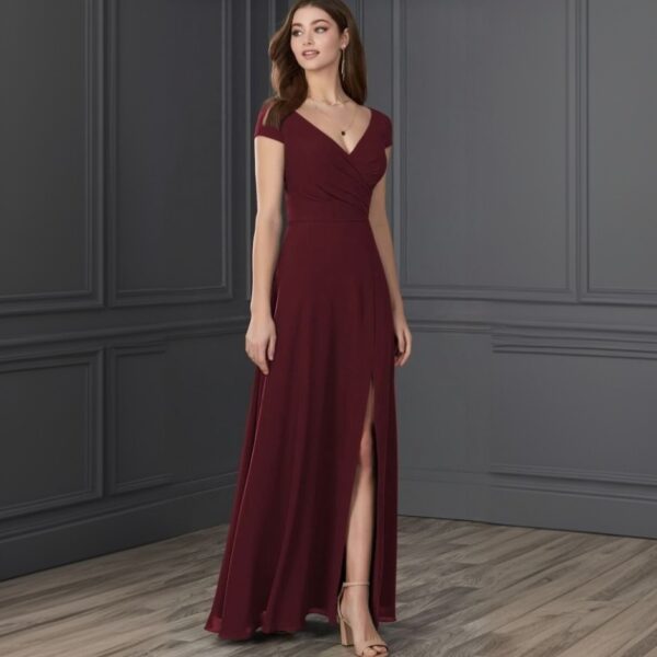 Cocoa Bean Color - Georgette - Front Slit Long Gown (Short Sleeves)