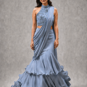 Iceberg Blue Georgette Ready To Wear Saree With Designer Blouse