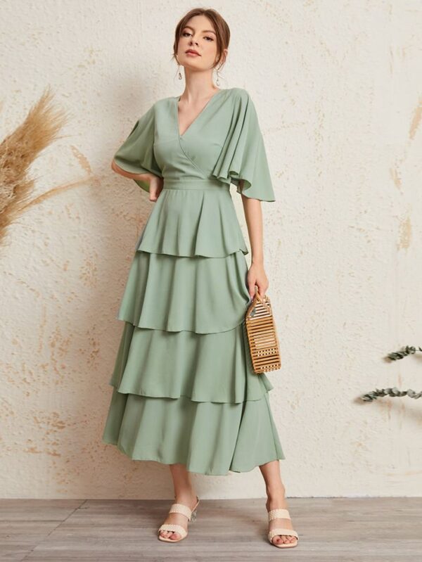Turquoise Green Georgette 4 Step Frills Long Frock - Size Medium