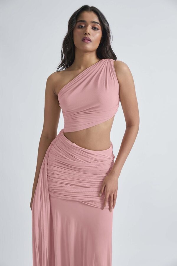 Oriental Pink - Lycra - One Shoulder - Ruched - Sleeveless - Crop Top & Skirt
