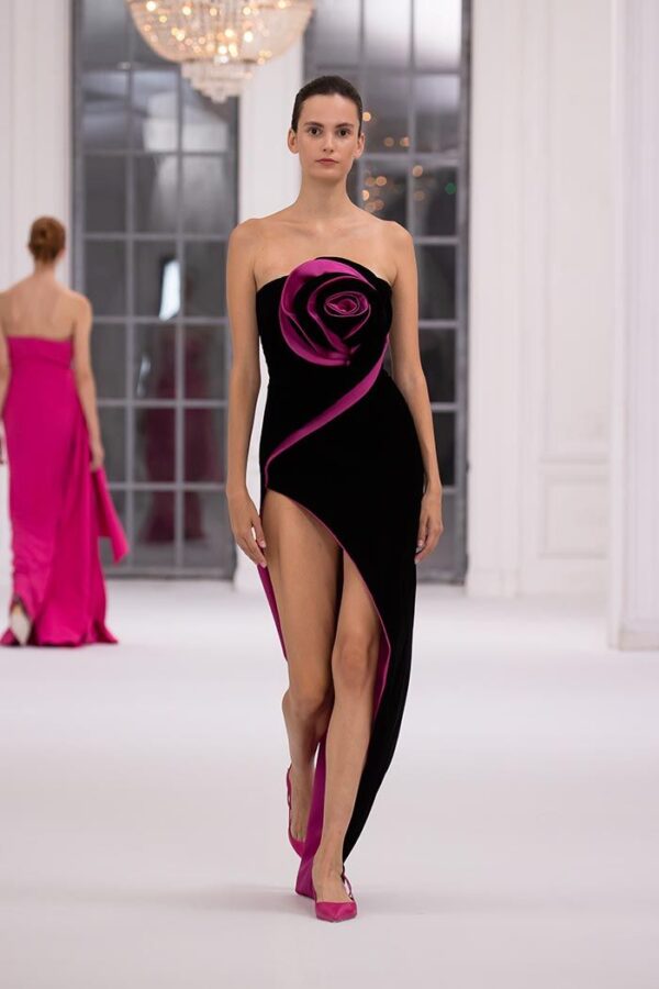 Pink & Black Satin Party Wear Dress - Size Medium