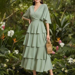 Turquoise Green Georgette 4 Step Frills Long Frock - Size Medium