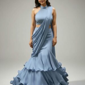 Iceberg Blue Georgette Ready To Wear Saree With Blouse