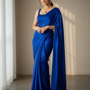 Royal Blue Satin Saree With Same Color Sleeveless Stitched Blouse