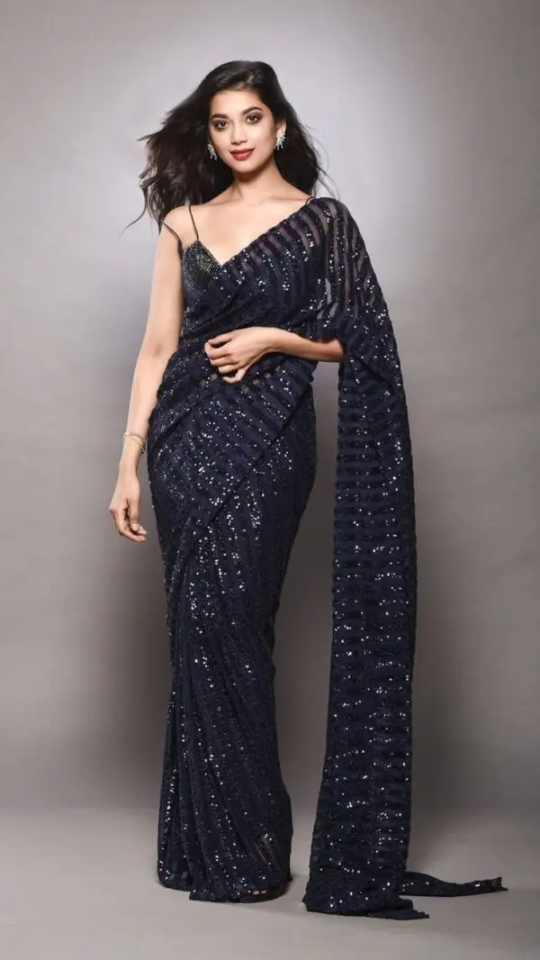 Black Sequin Party Wear Saree With Sleeveless Blouse