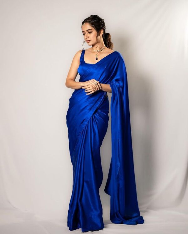 Royal Blue Satin Saree With Same Color Royal Blue Satin Sleeveless Blouse