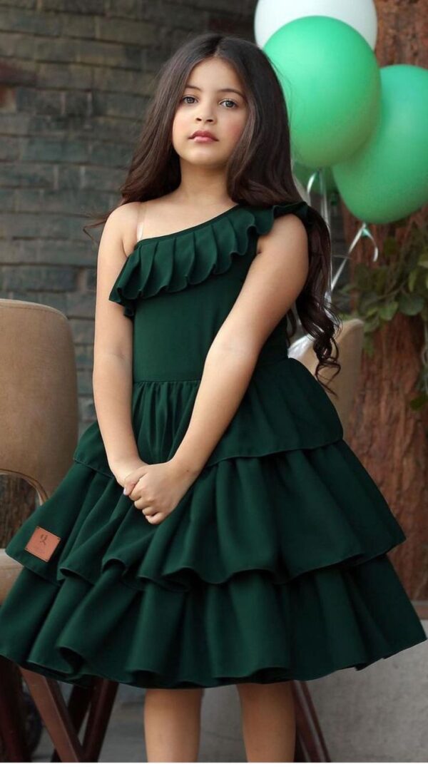 Timber Green - Lycra - One Shoulder - Ruffle Neck - 3 Step Frock - Size - For 10 to 12 Years Old Girl