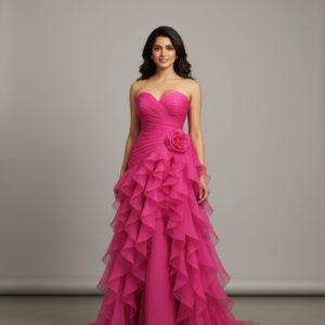 Raspberry Rose Color Off Shoulder Organza Gown