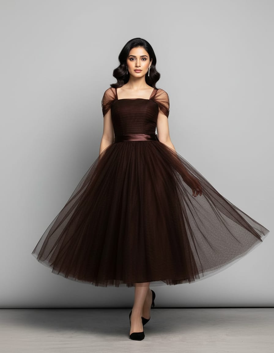 Coffee Bean Color Plain Net Frock