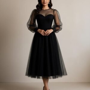Black Color, Plain Net, Full Length Balloon Sleeves Frock