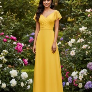 Butterscotch Yellow Georgette Bell Sleeves V Neck Gown