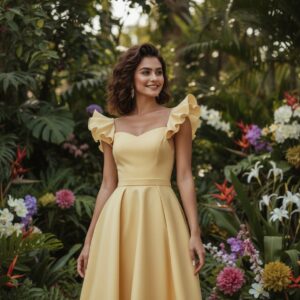 Light Yellow Color Satin Ruffle Sleeves Knee Length Frock