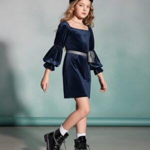 Black Velvet 3/4th Balloon Sleeves Short Dress for 10-12 Yrs Old Girl