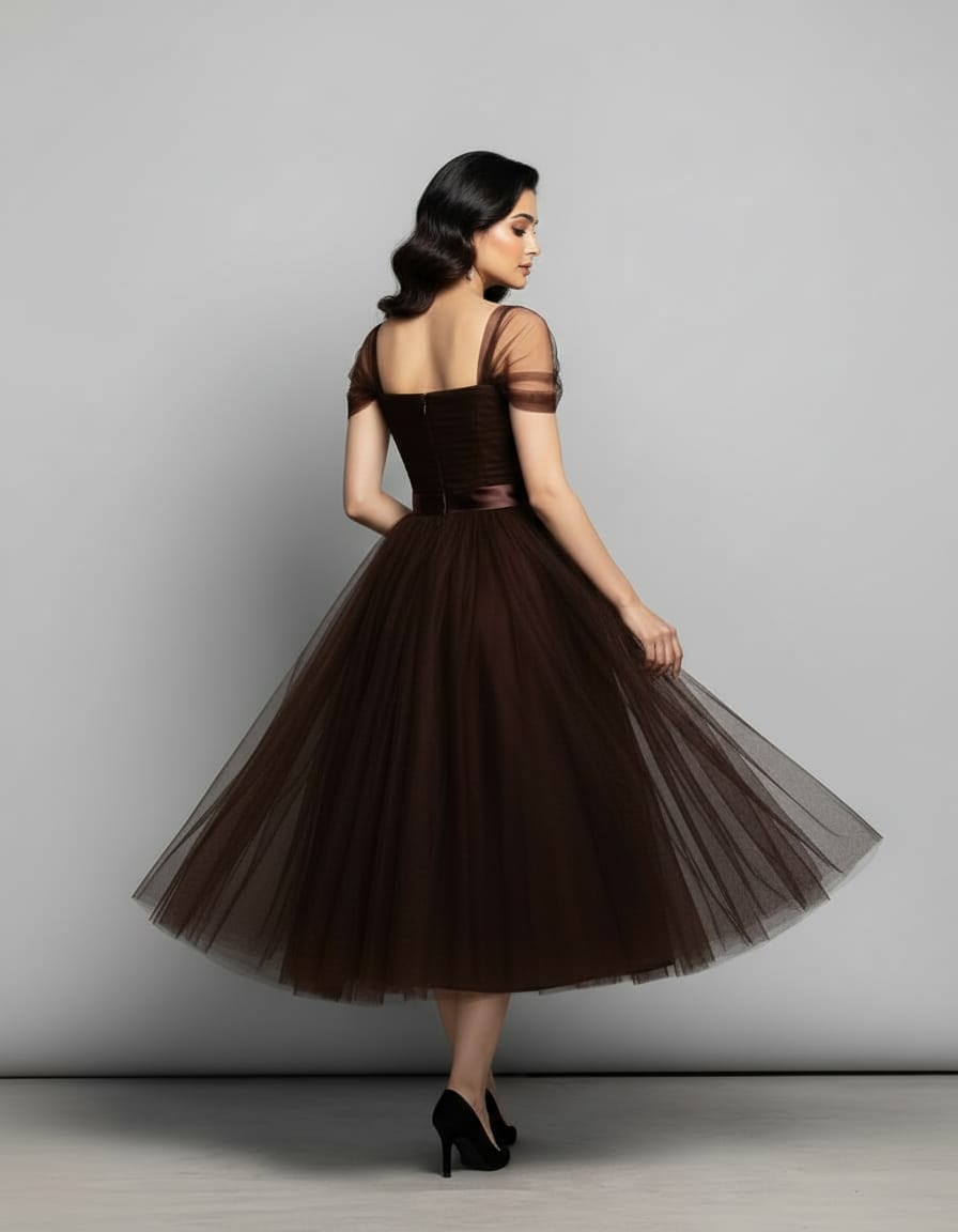 Coffee Bean Color Plain Net Frock - Image 2