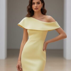 Light Yellow Satin One Side Off Shoulder Knee Length Short Dress