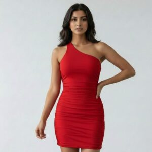 Devil Red Color, Ruched, Thigh Length Short Party Wear Dress