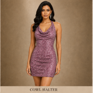 Opera Mauve Color Sleeveless Cowl Neck Thigh Length Party Wear Dress